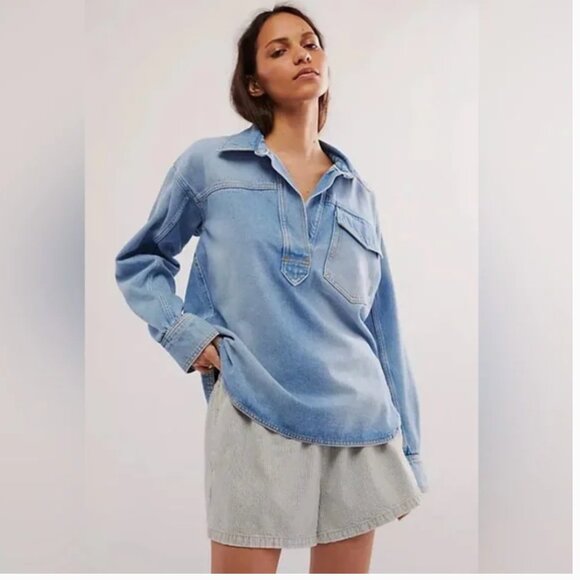 NWOT We The Free Leah Denim Pullover Jacket Blue Oversized - Picture 3 of 10